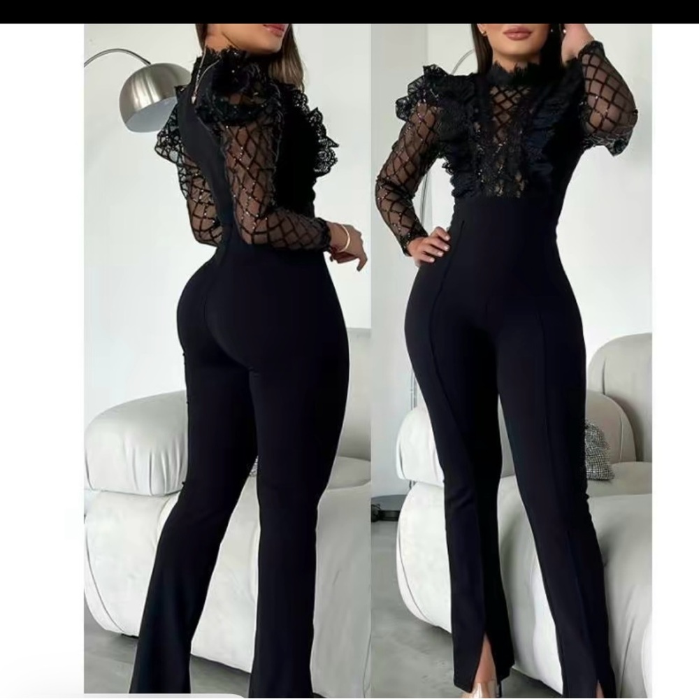 Black Lace-Sleeve Fitted Jumpsuit